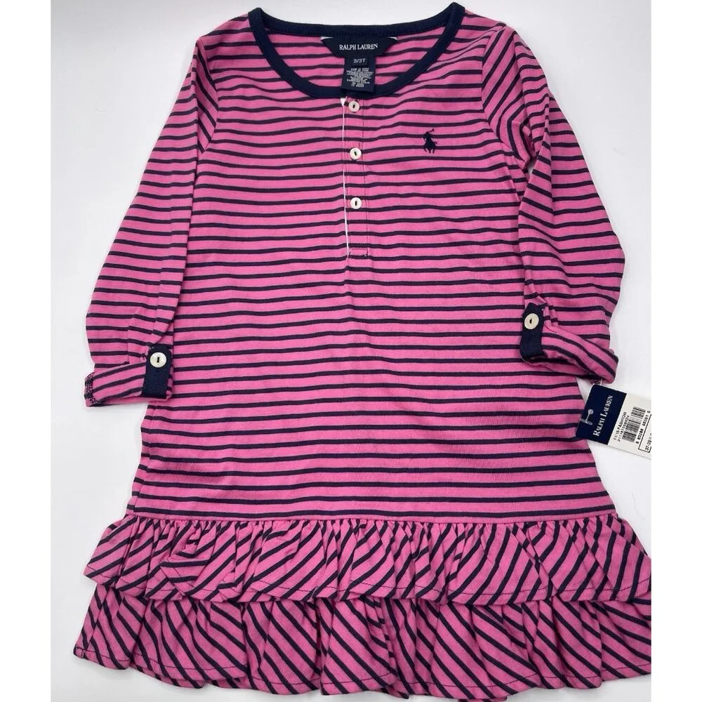 Ralph Lauren‎ Dress Girls Toddler Size 3T Pink Blue Striped Ruffle Long Sleeve